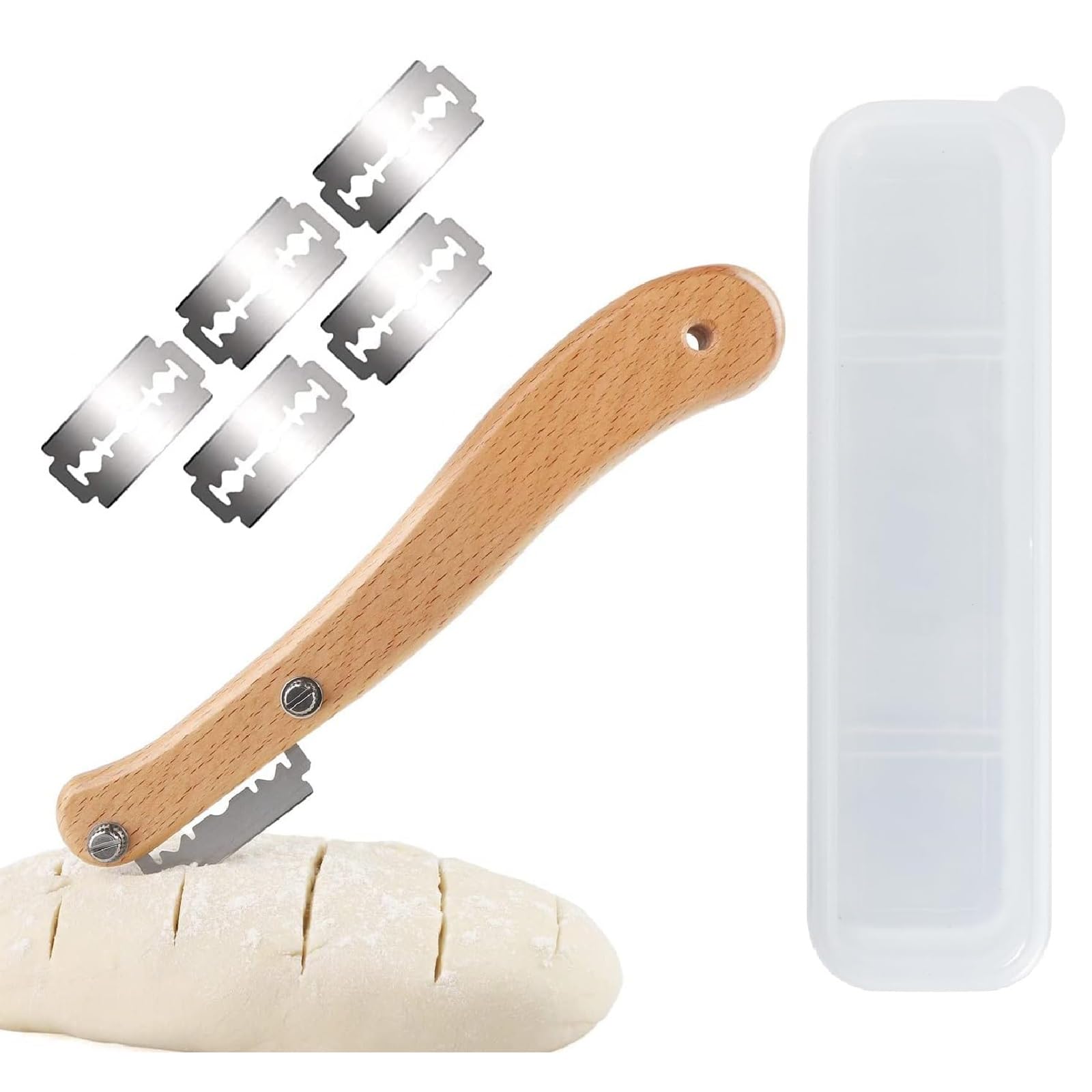 Kiuiom Brot-Rasiermesser Set - 5 Klingen, Edelstahl & Buchenholz, Für Baguette & Brot