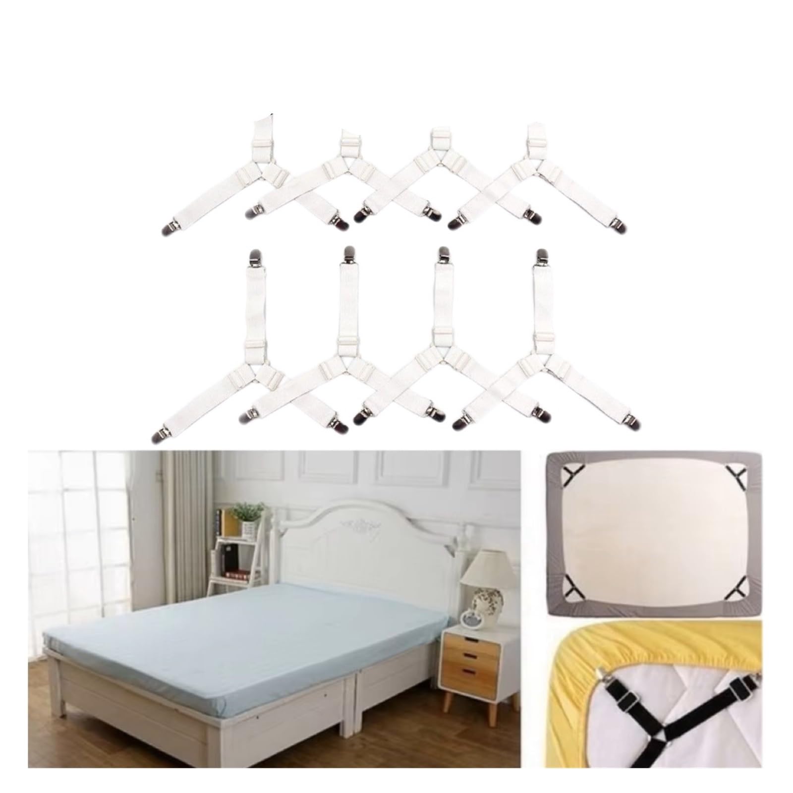 PFMSAAF bed sheet clips 4Pcs Adjustable Bed Sheet and Quilt Holder for Organizer Mattress Cover Clip for Home Elastic Straps Clips for bed(White-8pcs)