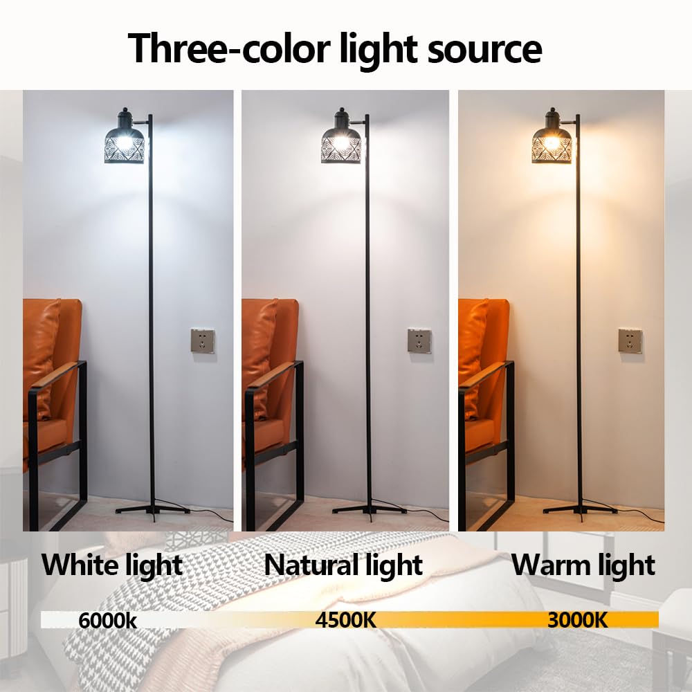 Lámpara de Pie de Hierro Negro de 58,7", 3 temperaturas de Color, ángulo Ajustable, lámpara de Poste Alto, Luces de esquina para Sala de estar Interior con interruptor táctil, casquillo E27