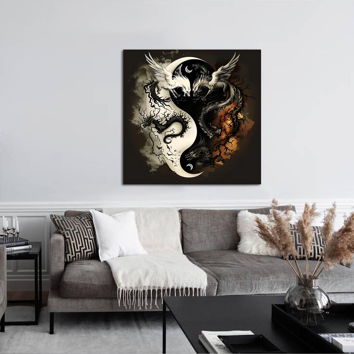 Via Vela Yin Yang Dragon Toile Art Mural Mystique Noir Blanc Affiche Oeuvre D’animaux Impressions Art Oriental Animaux Mythiques Pour Salon Décoration Intérieure 40x40cm Cadre Intérieur