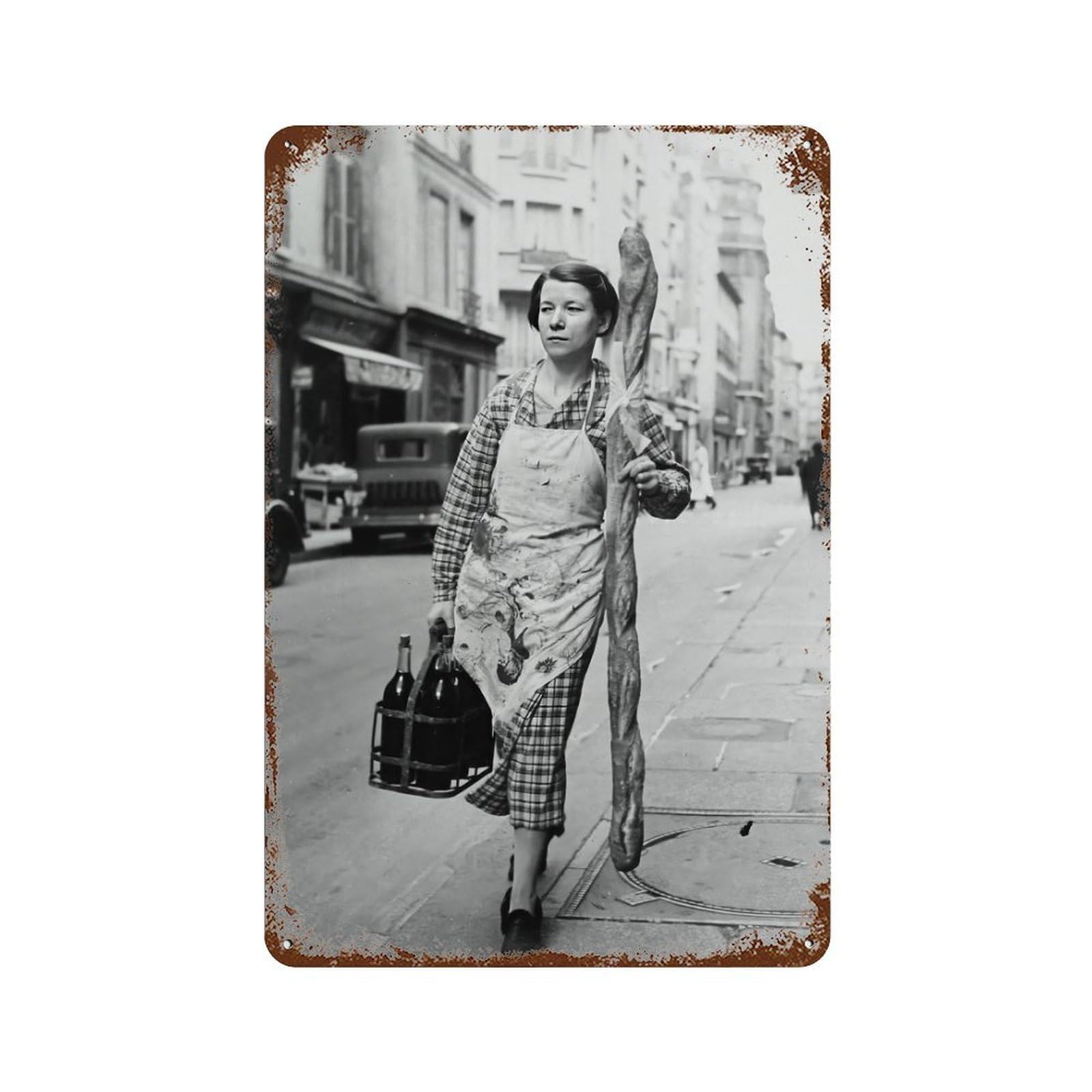 xiaoxiaoshen French Woman With Baguette & Wine Print Wall Decor Art Metal Tin Poster Modern Home Decor Art Home Bar Shop Decorations Vintage Sign 30x20cm