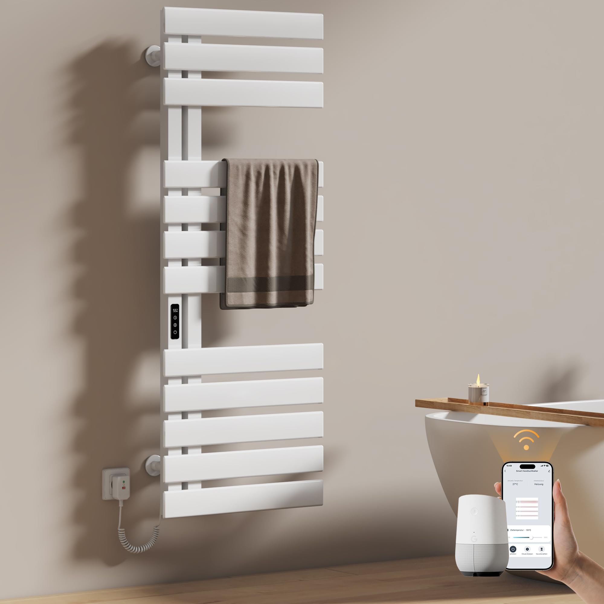 EMKE Elektryczny grzejnik łazienkowy, wieszak na ręczniki, 500 x 1300 mm, grzejnik na ręczniki, elektryczny grzejnik na ręczniki, do Alexa i Google Home oraz aplikacji, biały, 440 W