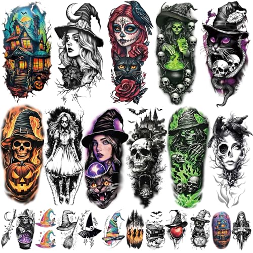 77 Sheets Witch Temporary Tattoos Women Men Adults Skeleton Death Skull Pointed Black Hats Brooms Cauldrons Black Cats Half Arm Halloween Fake Tattoo Bat Scary Tattoos for Halloween Costume