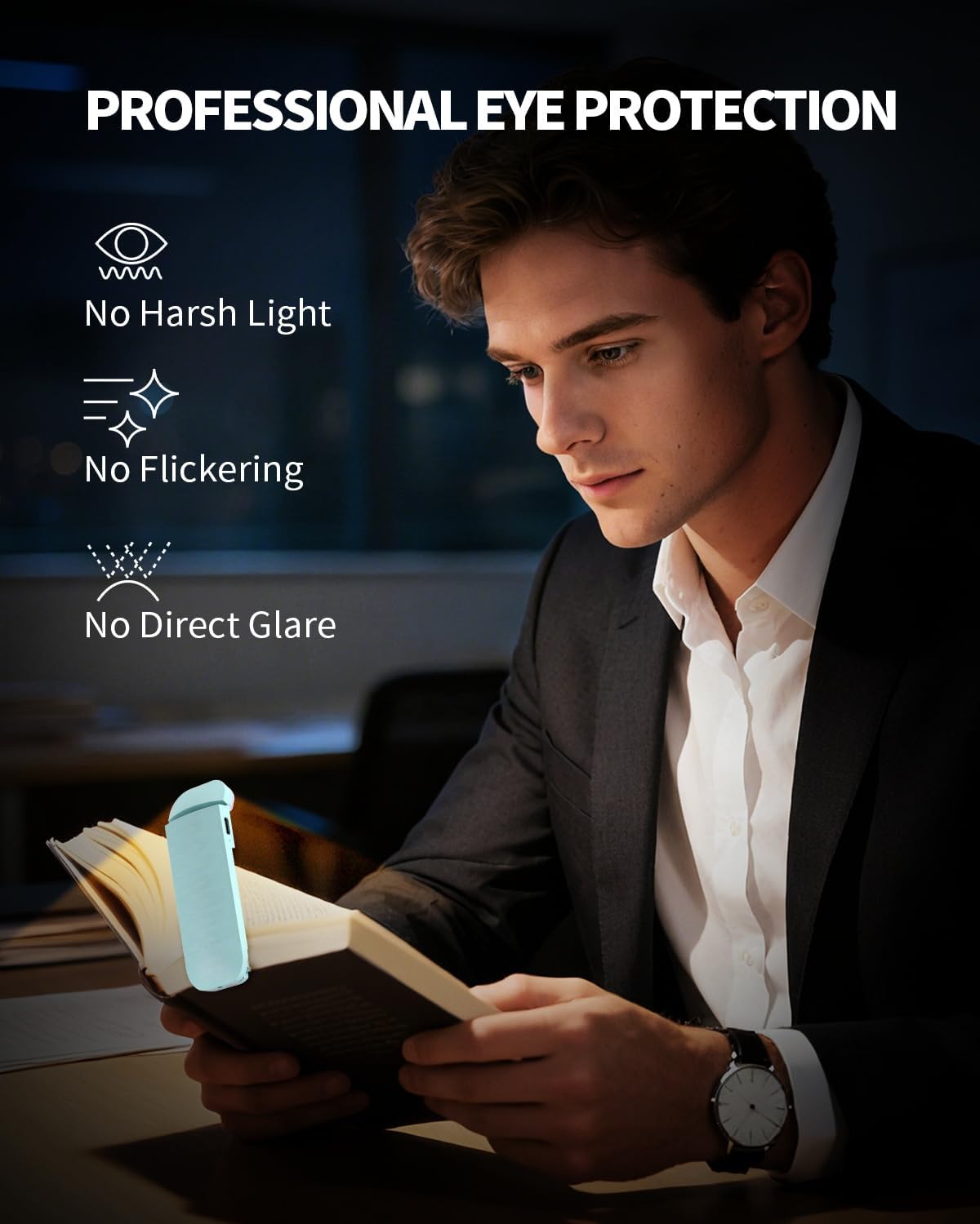 HEMONNKAM Lampada da lettura per libri, ricaricabile con clip, 3 temperature di colore e 5 livelli di luminosità, uso notturno per letto, lunga durata, lettura di notte a letto, azzurro