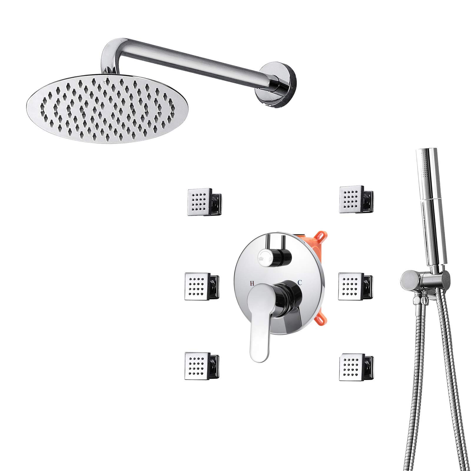 CWCQGH Shower Faucet Set, Bathroom Shower System with 6PCS Body Jets, Wall Mount 10 Inch Rain Shower Head, Handheld Showerhead, Rain Mixer Shower Set,Chrome