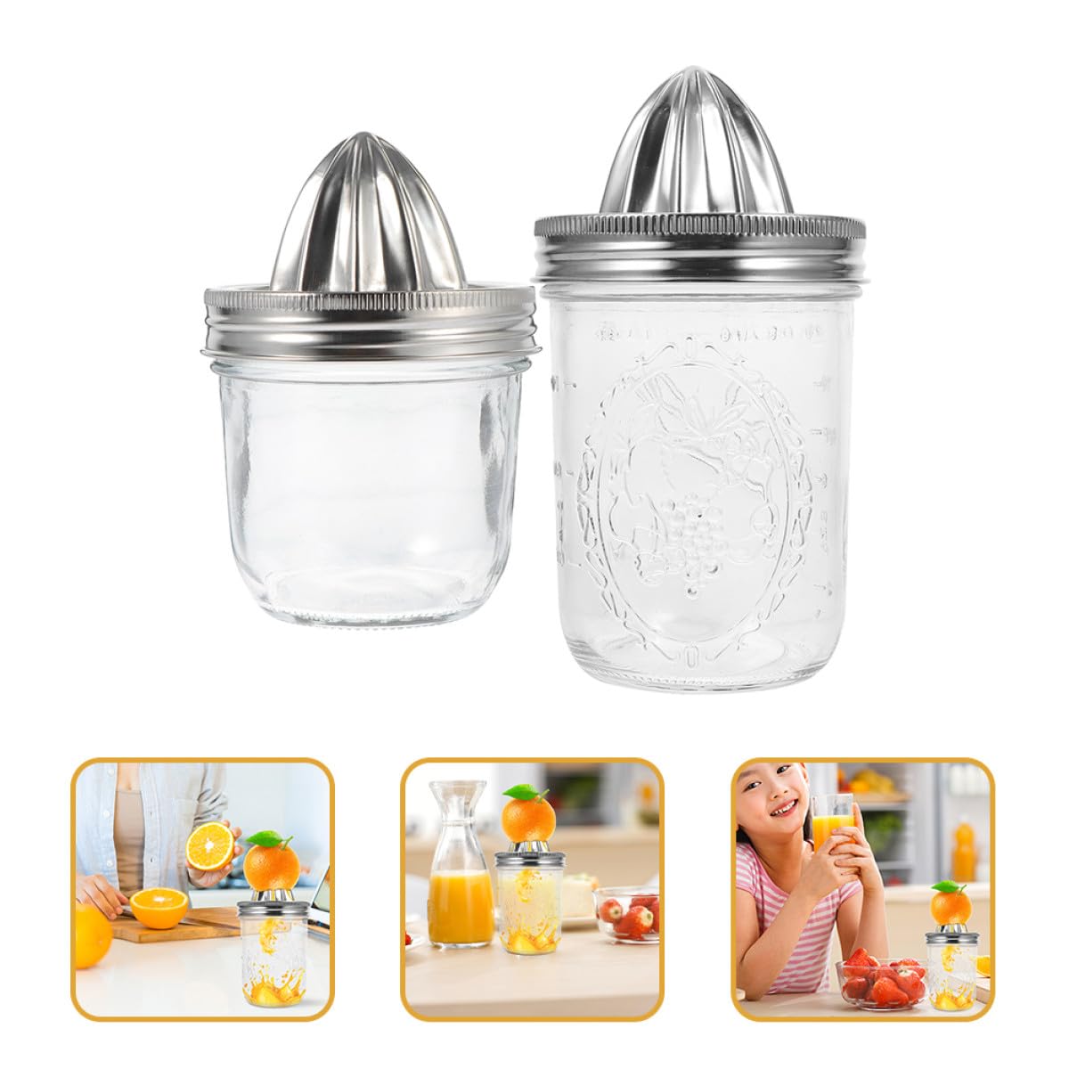 Hohopeti Exprimidor Manual de Limón y Naranja 2 Piezas Acero Inoxidable para Mason Jar 480ml 280ml Prensa Cítricos Portátil Uso Doméstico y Cocina