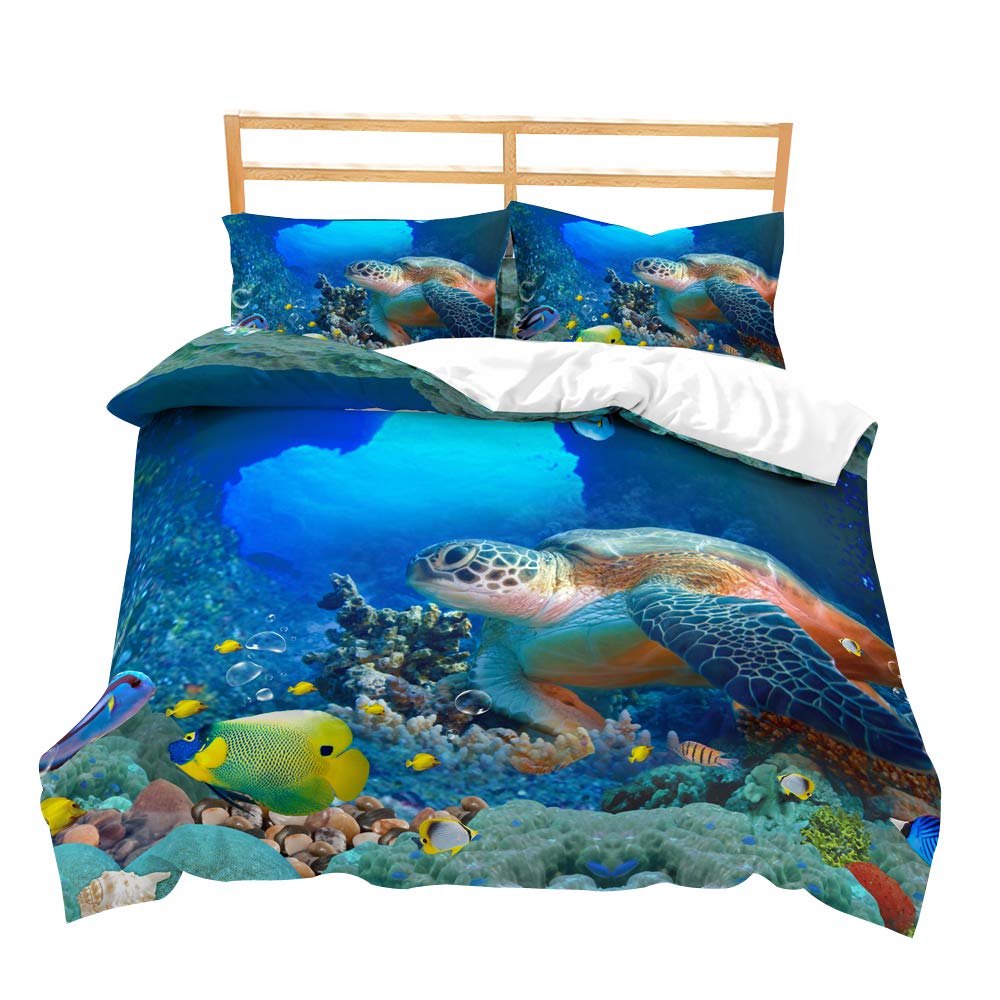 Loussiesd Kids Duvet Cover Set Single for Girls Boys Underwater World Turtle Bedding Set Sea Decorative Soft Microfiber Comforter Cover with 1 Pillow Shams, Vivid Marine Life Print 2 Pcs, Zipper