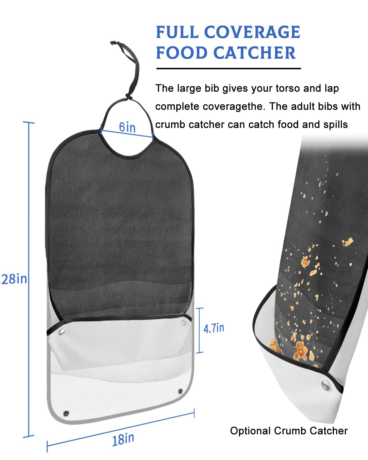 Black Ombre Adult Bibs for Eating, Waterproof Bibs with Food Catcher & Adjustable Snap Closure, Watercolor White Modern Abstract Art Aesthetics Clothing Protectors Adult Bibs for Elderly Women/Men