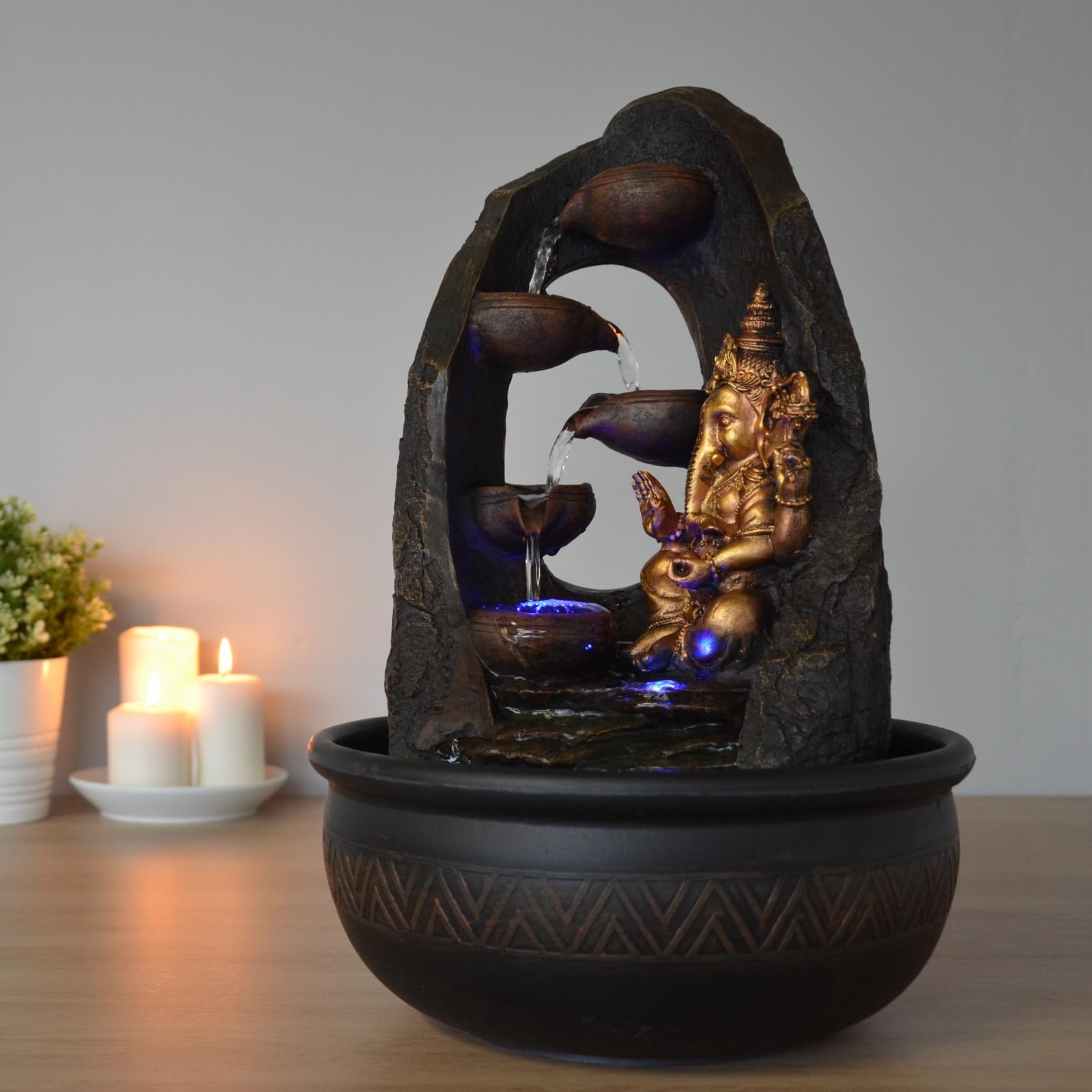 Buddha Ganesh Innenbrunnen mit farbenfrohen LED -Licht - Feng Shui Zen Dekoration - Bed -Träger - H 40 cm - Mystic Zen'light