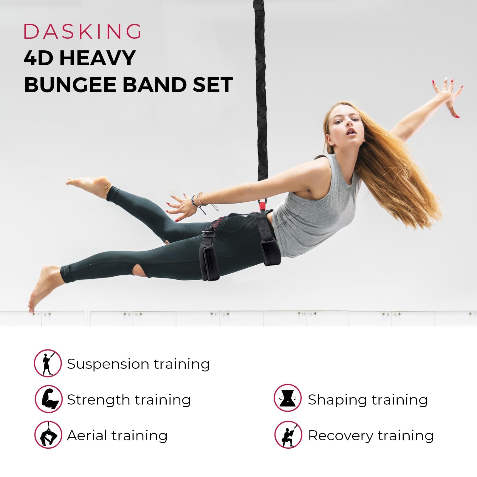 DASKING Set attrezzatura fitness bungee aereo aggiornato, imbracatura e corda elastici regolabili per allenamento a casa, gravity yoga, bungee dance, kit corda volante