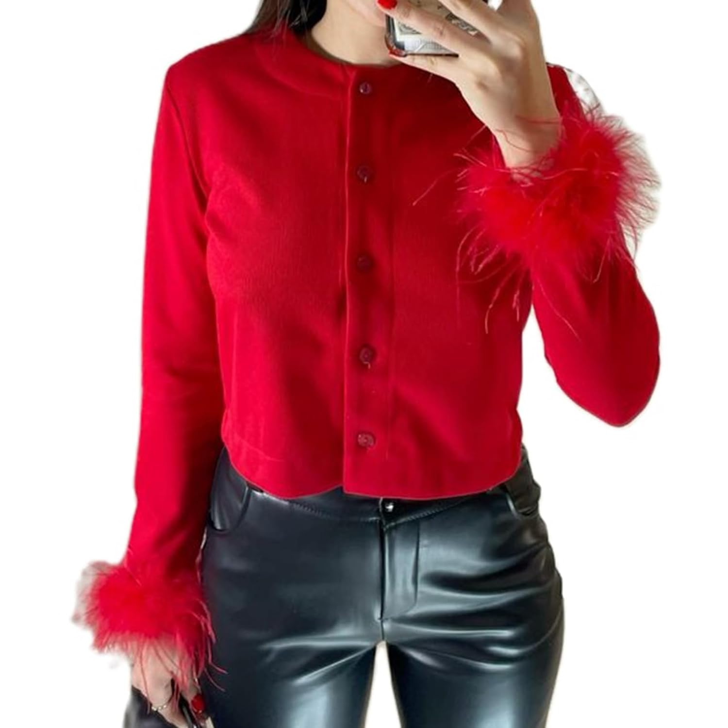 Womens Feather Trim Cardigan Knit Button Down Long Sleeve Crop Sweater Tops Holiday Rave Fur Trim Jacket