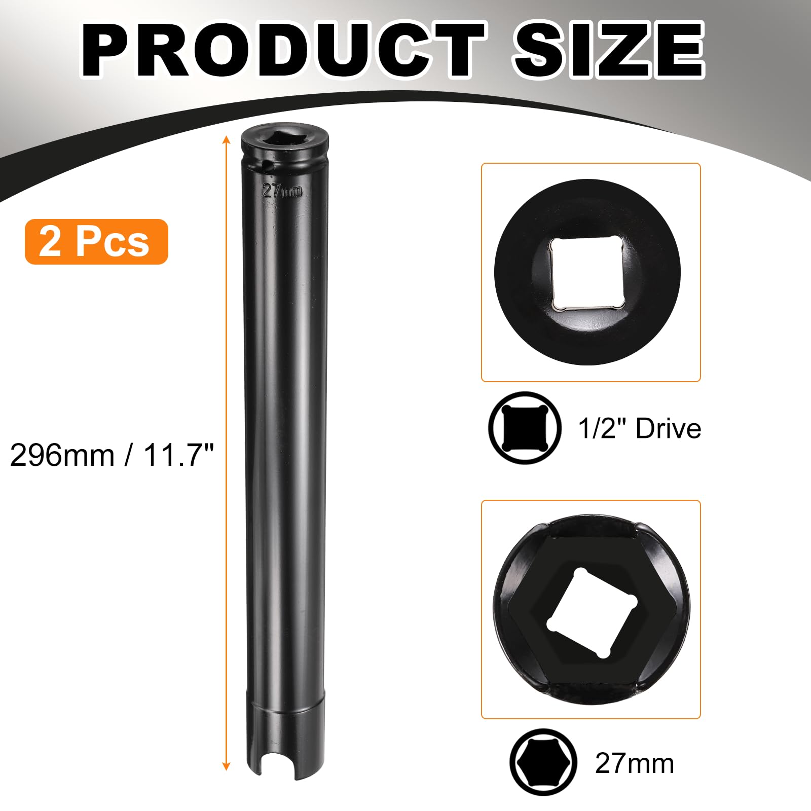 QUARKZMAN 2 Pezzi Presa A Cricchetto Profonda A 6 Latini 1/2" Attacco 27mm Metrica (11.7") 296mm Extra Lunga Trattata Termicamente Acciaio 45# Per Riparazione Dadi Colore Nero