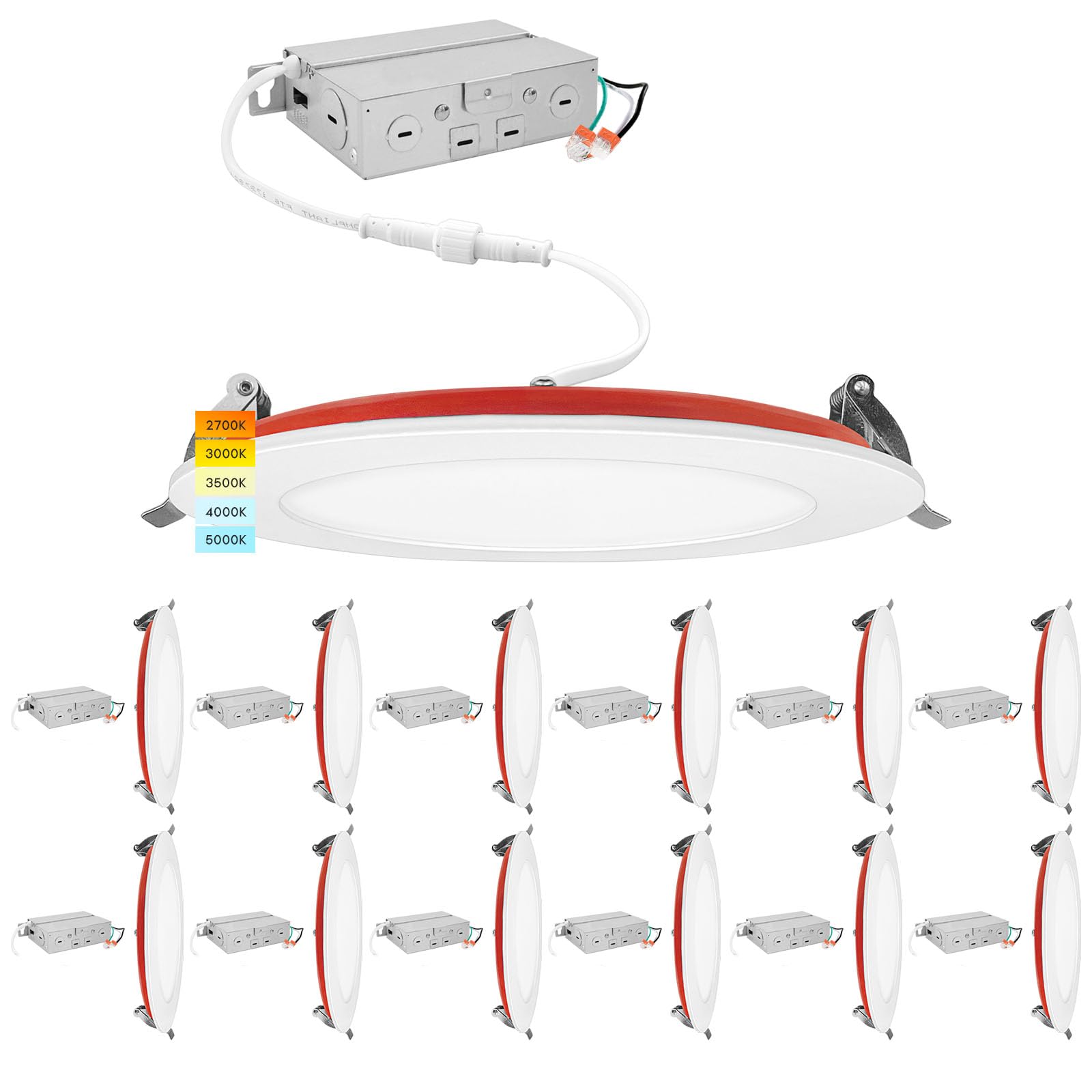 Luxrite 12-Pack 6 Inch Ultra Thin LED Fire Rated Recessed Lights, 5CCT 2700K/3000K/3500K/4000K/5000K, 2 Hour Fire Rating, 1100 Lumens, Dimmable Wafer