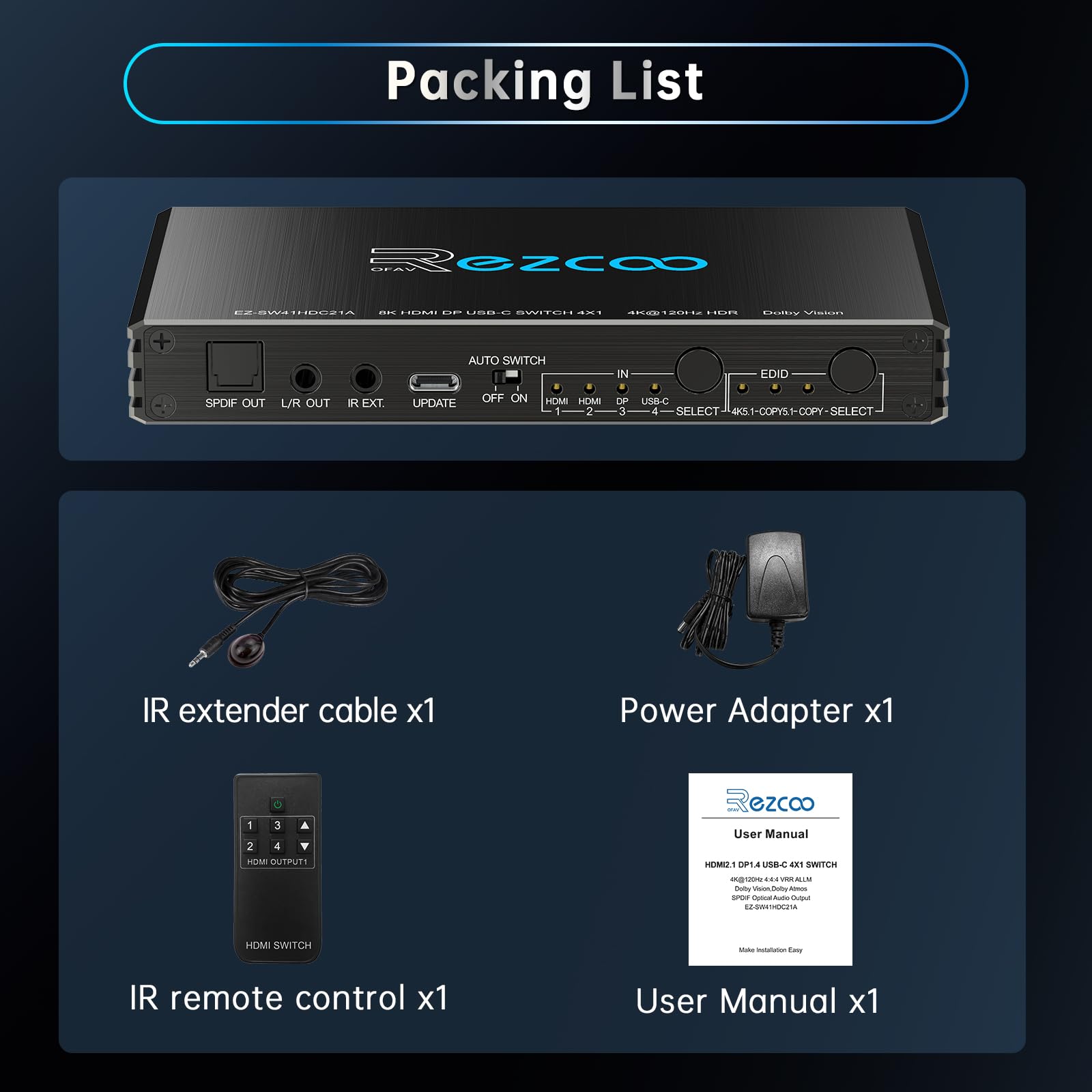 Commutateur HDMI 2.1 4K@120Hz 4x1 avec USB-C DP1.4 et extracteur audio (optique/3,5 mm Out) VRR ALLM HDCP 2.3 HDR Dolby Vision/Atmos - Pour PS5, Xbox, Gaming, Télécommande infrarouge