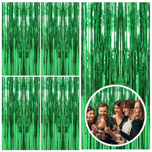Image of 5 Pack Green Streamers Backdrop Jungle Party Decorations Foil Fringe Backdrop Curtains Photo Booth Backdrop for Birthday Dinosaur Animal St Patrick's Day Football Christmas Party Decorations