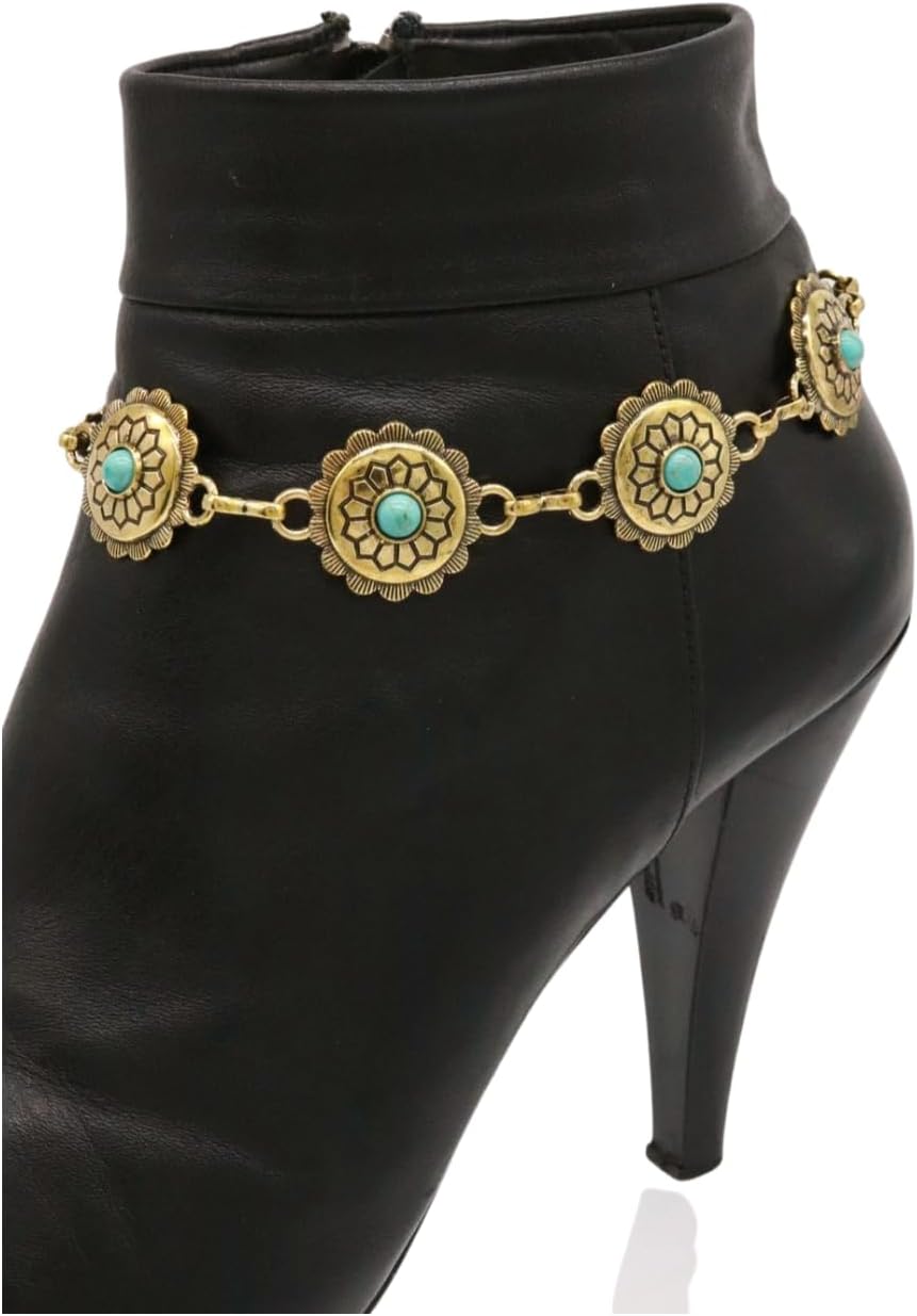 Trendy Fashion Jewelry Women Western Boot Chain Bracelet Metal Shoe Turquoise Blue Flower Charm Anklet Gold SET Handmade In USA BC177