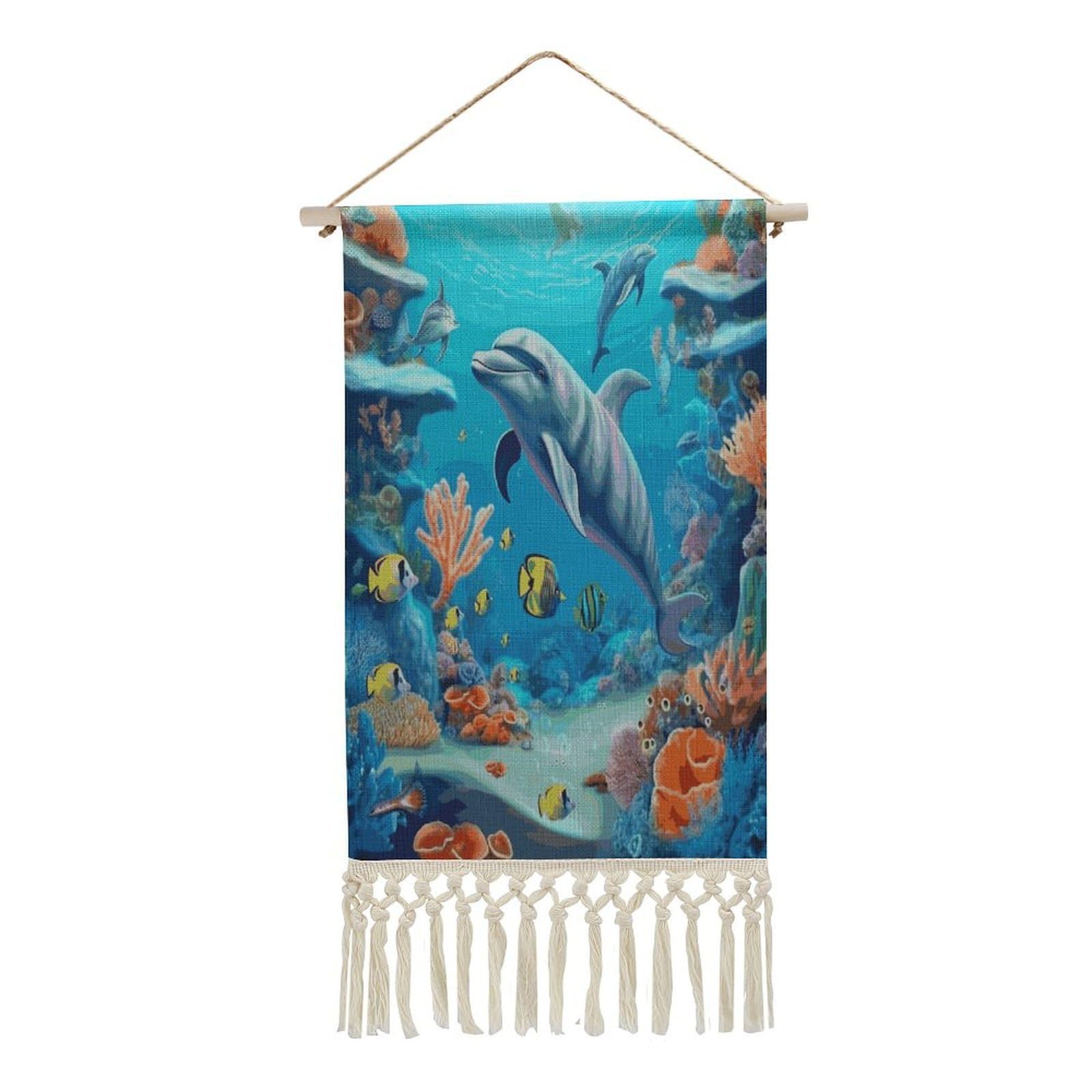 Adfgyerh Style Seabed Coral Fish Dolphins Tapestry With Tassels Cotton And Linen Hanging Posters, Wall Art For Travel Gift, Wall Tapestry For Office Home Decor Bedroom Living Room Decor