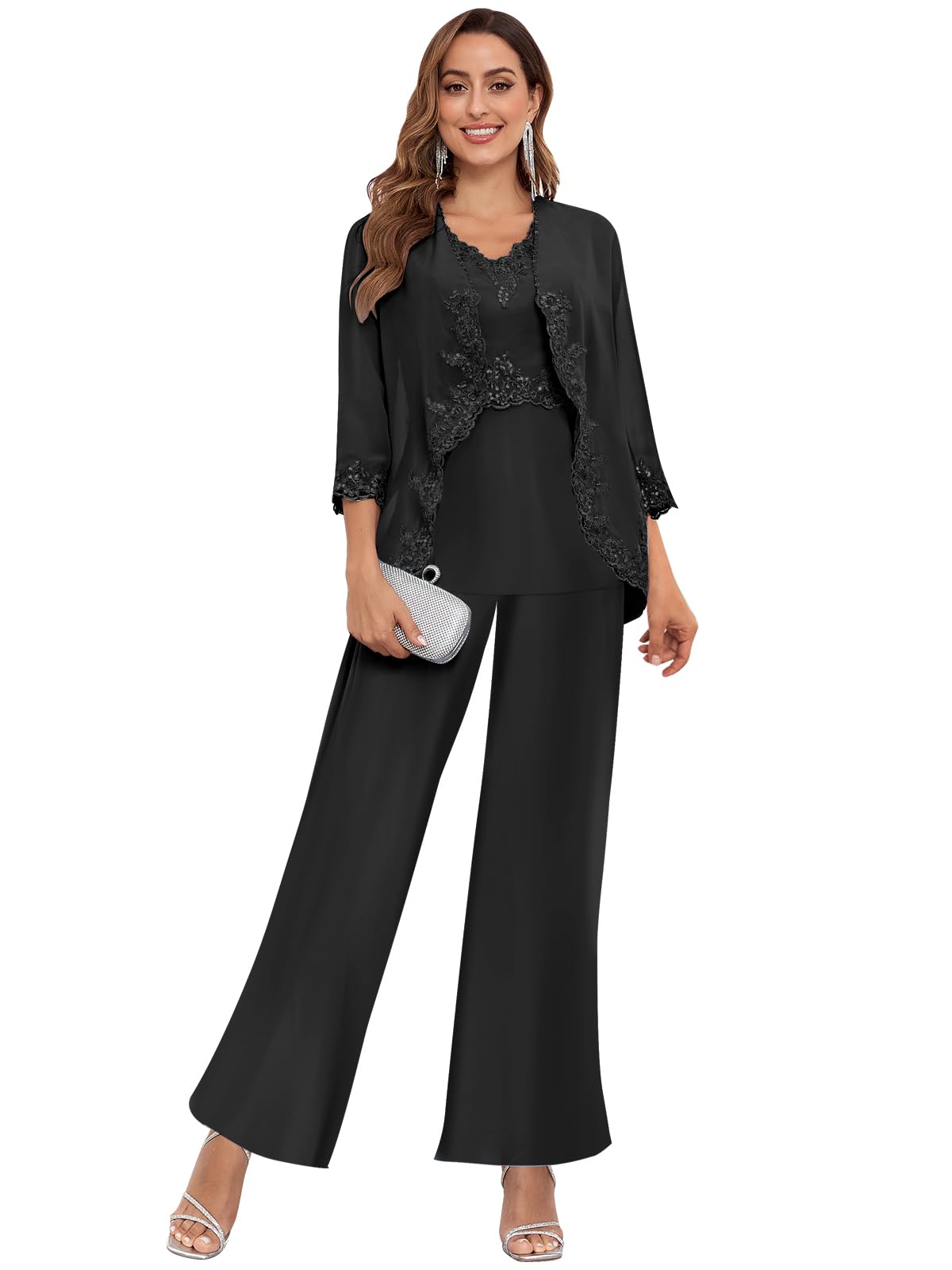 3 Piece Mother of The Bride Pant Suits for Wedding Chiffon Beaded Appliques Formal Pantsuits for Evening Party