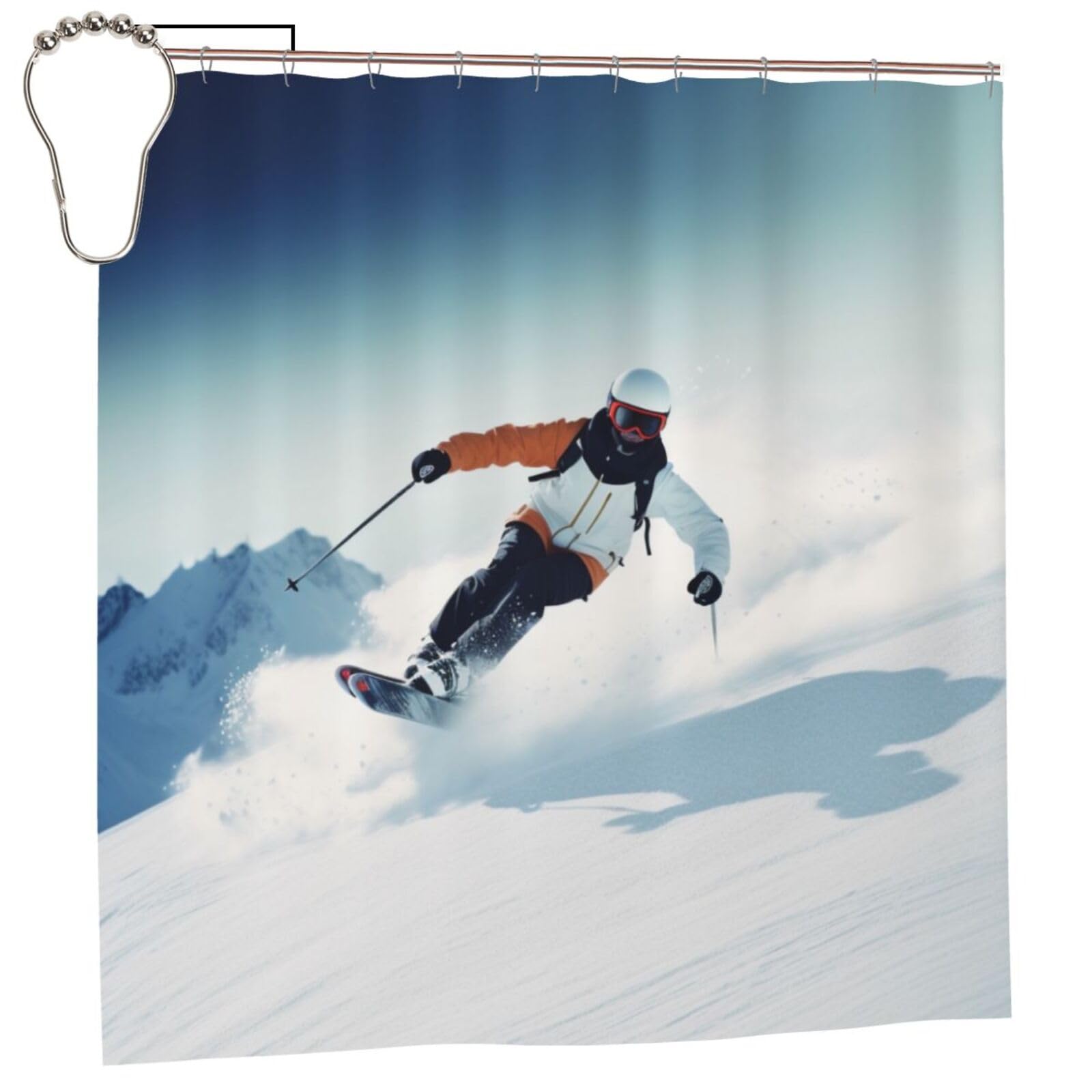 BWWHCCTI Sports Ski Printed Shower Curtain With 12 Iron Hooks Opaque Quick Drying Waterproof Shower Curtains Sets For Bathroom 183x183 CM