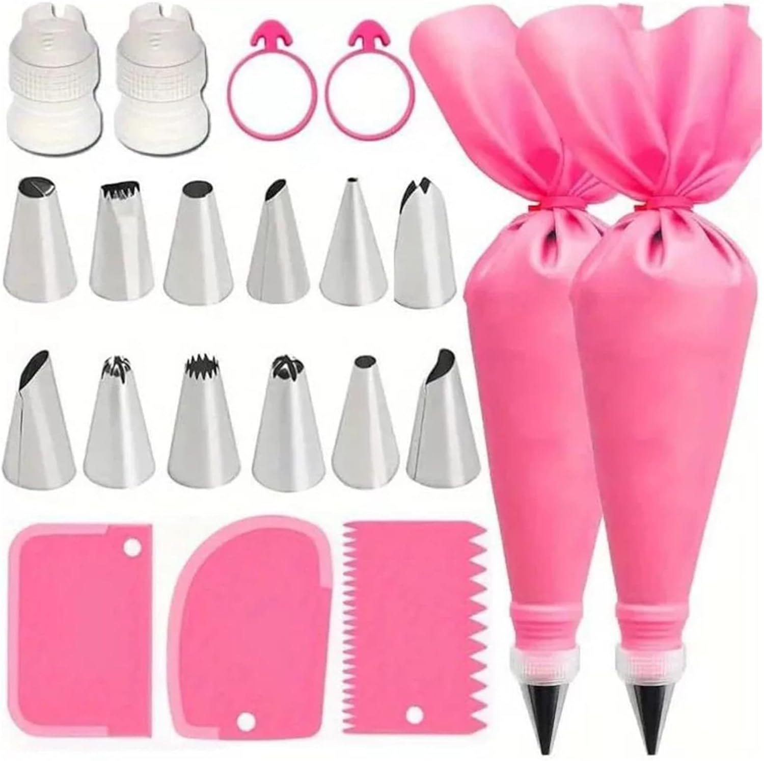 Piping Bags And Tips Set Kit With Stainless Steel Nozzle Reusable Pastry Tools(34PCs Pink)