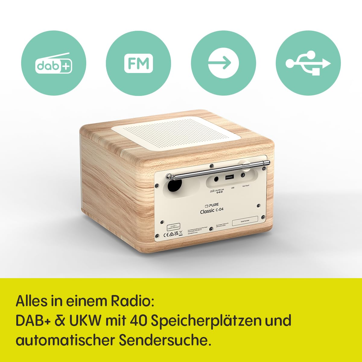 Pure Classic C-D4 – DAB+ & UKW Radio mit CD-Player, Netzbetrieb, Bluetooth 5.3, USB & AUX, Farbdisplay, 15 Watt Lautsprecher, Dual-Wecker, Fernbedienung – Cotton White/Oak