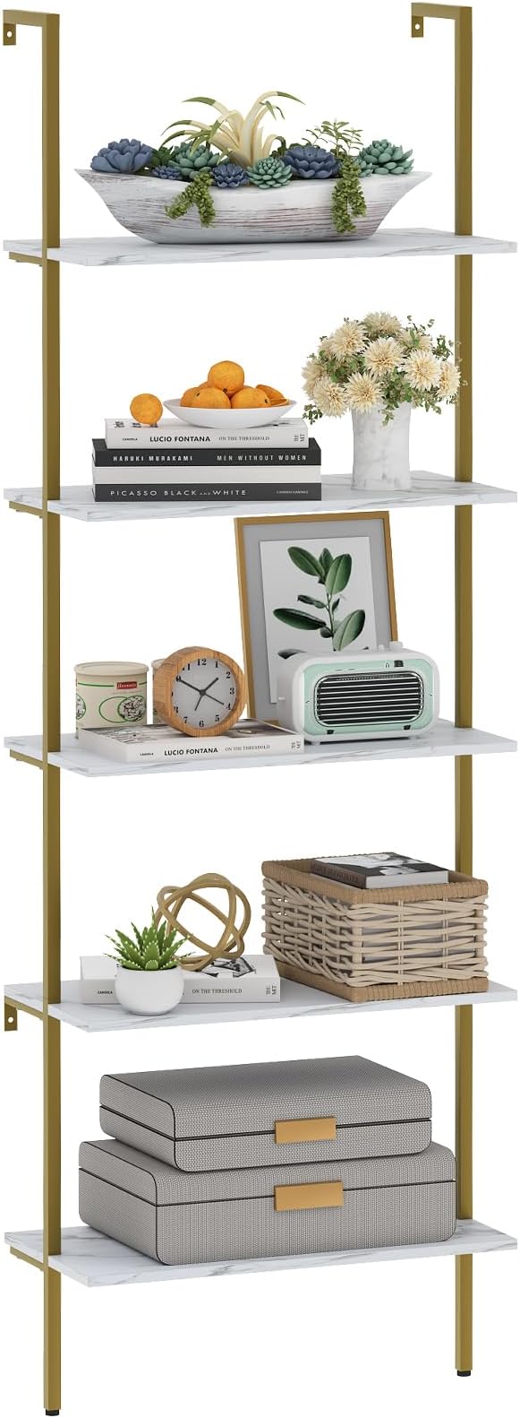 Wolawu 5 Tiers Ladder Shelf White Marble Modern Bookshelf Open Tall Wall Mount Bookcase Standing Leaning Wall Shelves Industrial Decorative
