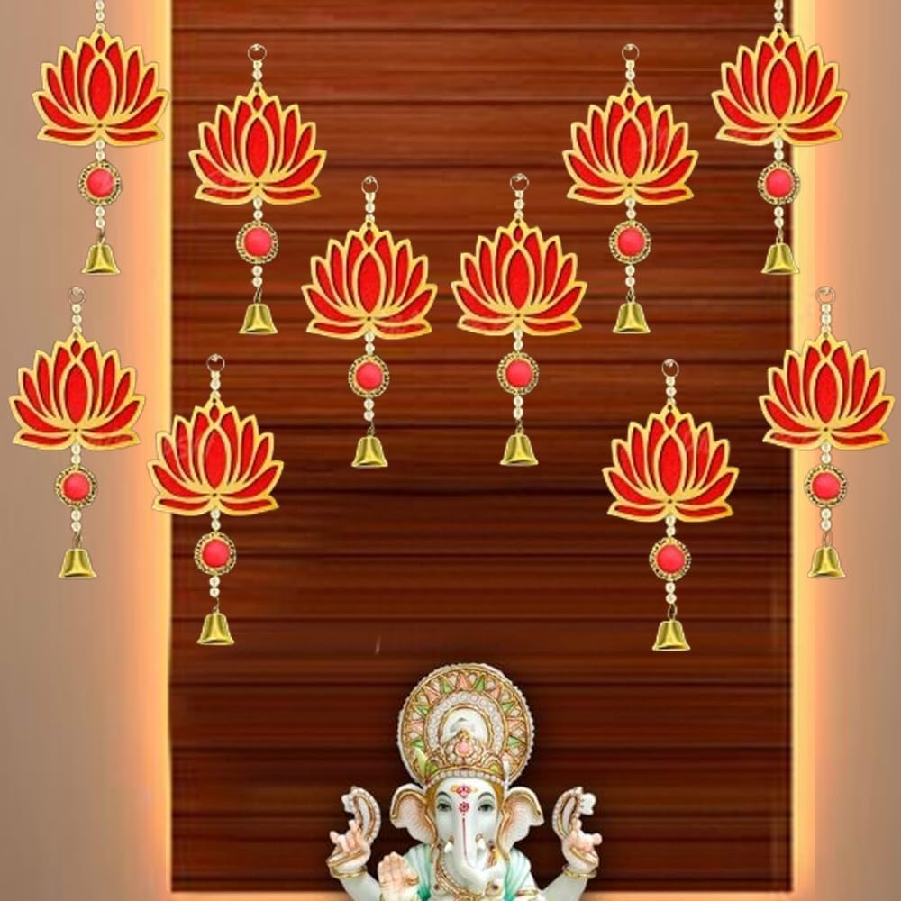 USP-Tradex Red Lotus Bell Jhumka Wall Hanging Latkans – (Set of 10)