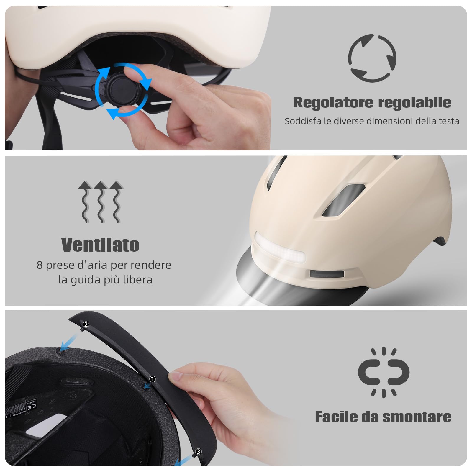 Shinmax Casco Bici Uomo e Donna,5 modalità di Luce e Visiera,USB ricaricabile,Casco Caschetto Bici Uomo per Pendolari Urbani