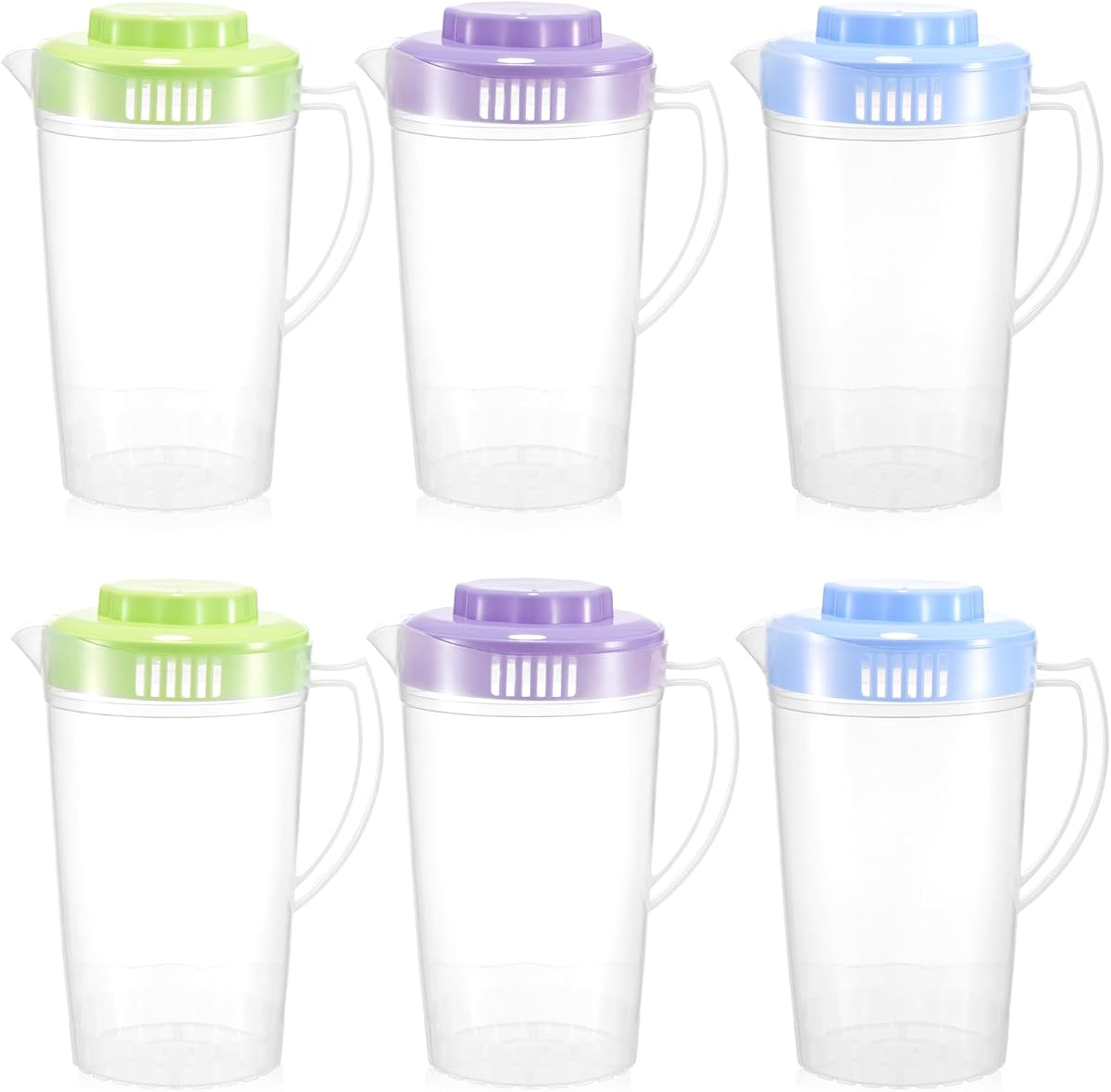 Paquete de 6 jarras redondas de plástico transparente con tapa y mango, botellas fáciles de verter para el hogar de la guardería del aula de té con agua y leche (colorido)