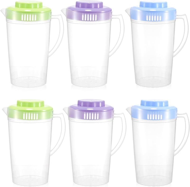Paquete de 6 jarras redondas de plástico transparente con tapa y mango, botellas fáciles de verter para el hogar de la guardería del aula de té con agua y leche (colorido)