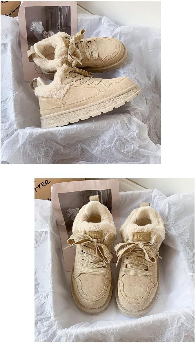 Women's Faux Fur Lined Snow Booties, Water-Resistant Suede Leather Lace-Up Ankle Boots with Thick Sole for Winter Warmth and Daily Comfort