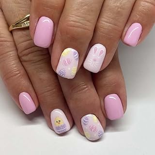 Short Press on Nails Easter Cute Rabbit Fake Nails Glossy Pink Funny Colored Easter Egg Acrylic Nails Yellow Small Chicken Designs Artificial False Nails Easter Short Nail Set for Women