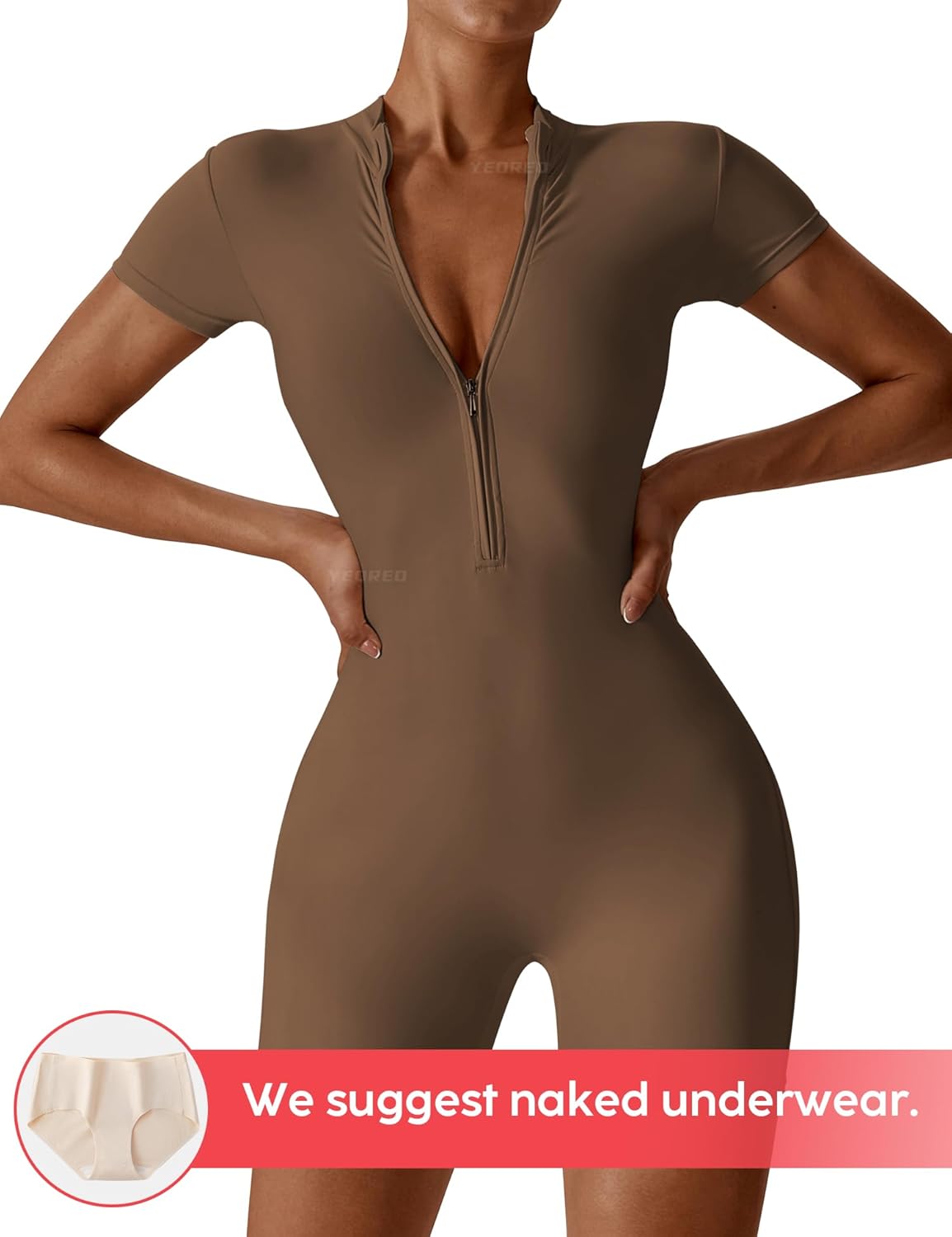 YEOREO Women Short Sleeve Workout Jumpsuit Zip Up Romper Bottom Shorts Bodysuit Bodycon Sexy One Piece - Image 2