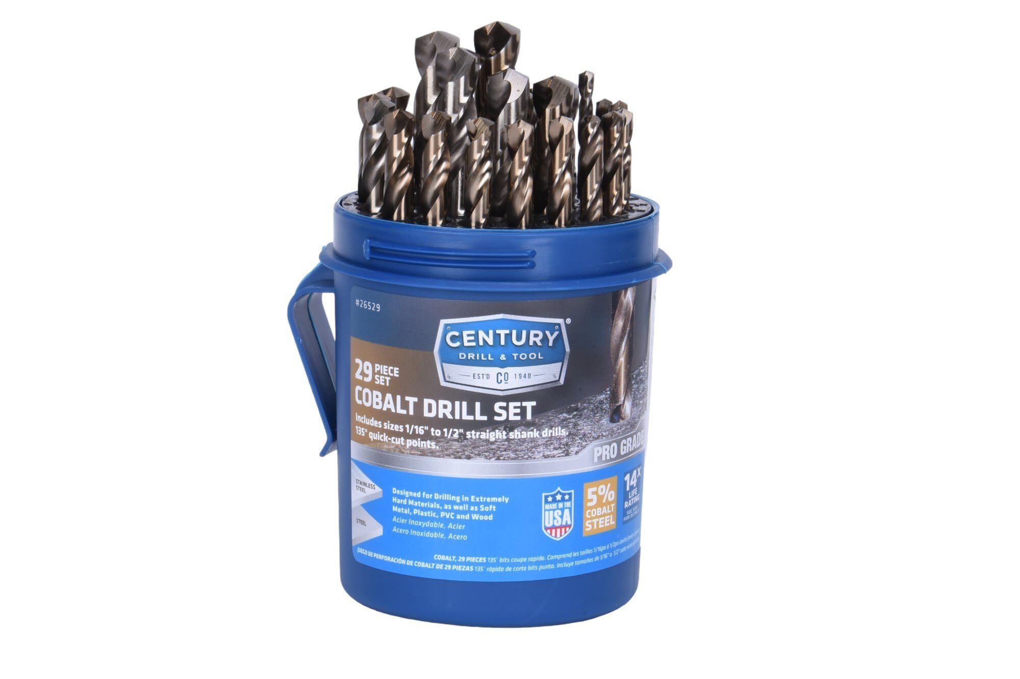 Century Drill & Tool, 26529, 29 PC Set,Jobber Drill Bit,ProGrade, Cobalt Steel, High Speed Drill Bit Pack