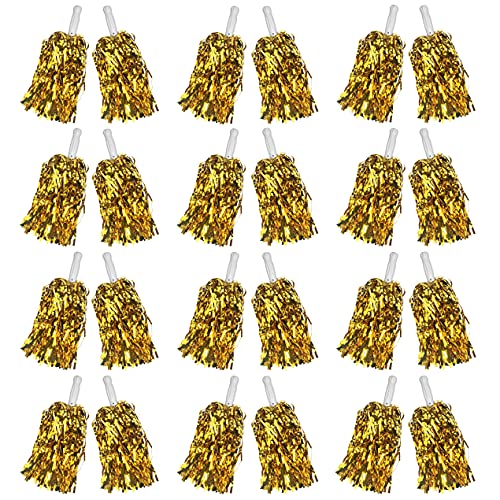 PPXMEEUDC 24PCS Cheerleading Pom Poms Metallic Foil Plastic Pom Poms with Baton Handle for Game Sports Squads Dancing Party Football Basketball Club Spirit Sports Stage Performance Celebration (Gold)