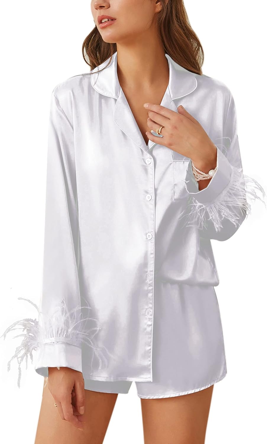 Ekouaer Bridal Feather Pajamas Set Silk Satin Valentine's Pj Sets Wedding Pjs Sleepwear with Removable Feather Trim
