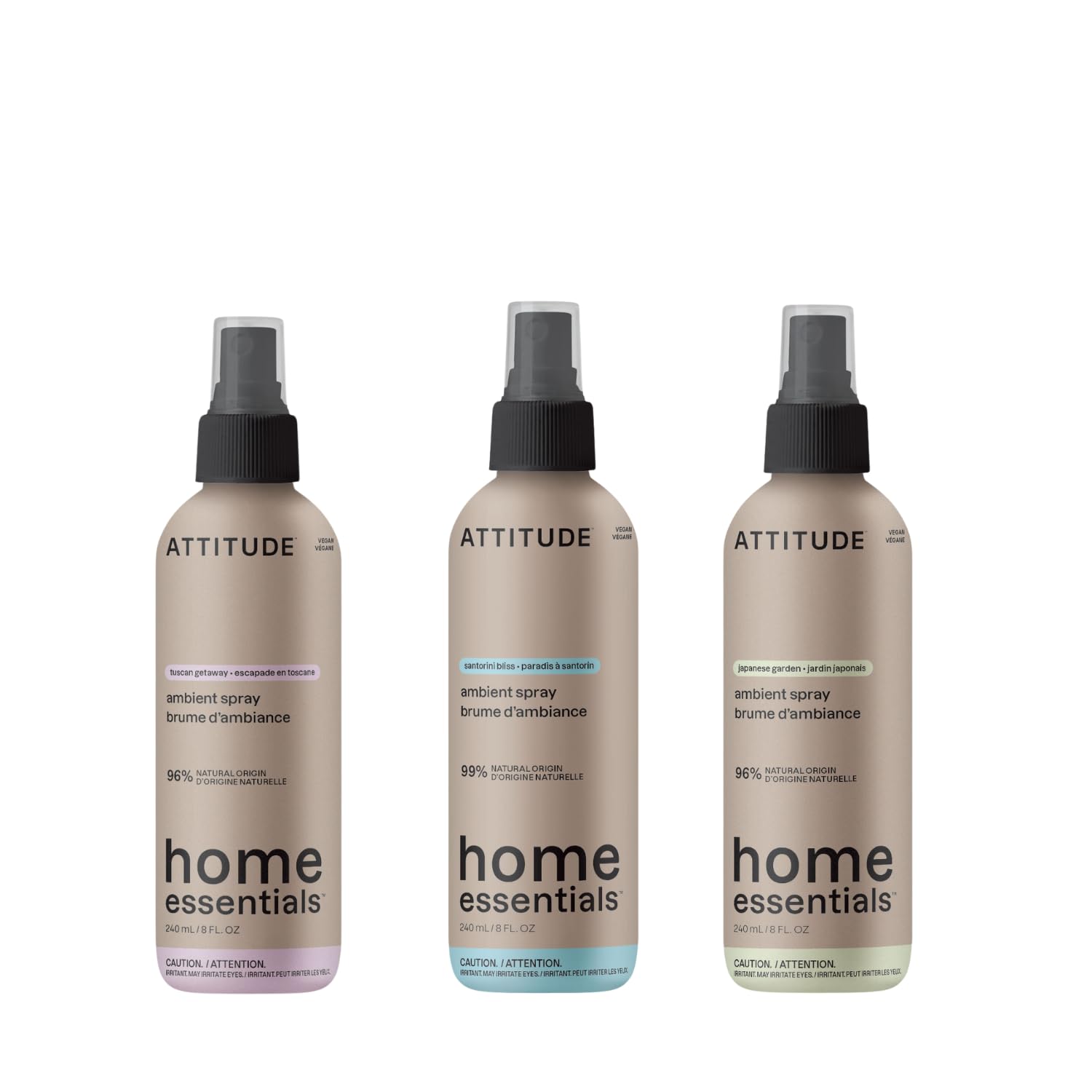 Bundle of ATTITUDE Scented Room and Air Freshner Spray, for Home and Bathroom, Natural Origin Ingredients, Vegan, in three scents, Japanese Garden, Santorini Bliss & Tuscan Getaway, 8 Fl Oz