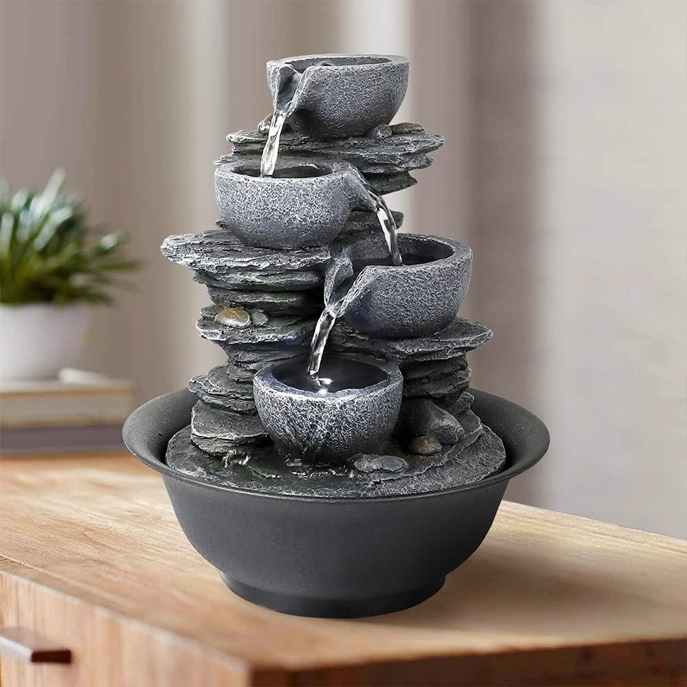 THE WHITE SHOP Spinning Rock Cascading Tabletop Fountain, Zen Meditation Indoor Waterfall Feature with LED Light for Home Office Bedroom Relaxation (Size : A)