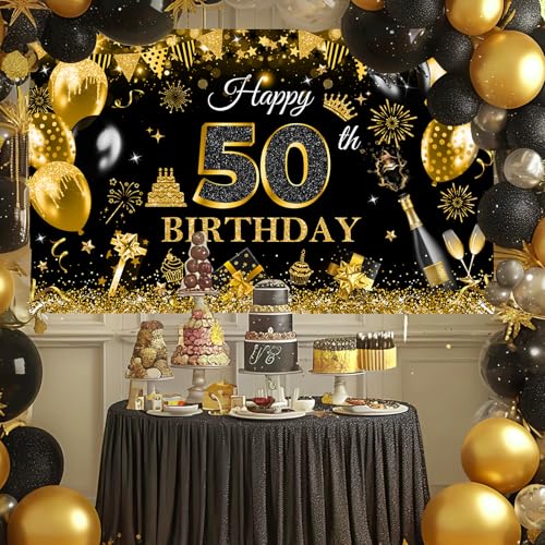 Image of Avezano Happy 50th Birthday Banner for Men Boys Black and Gold Glitter Balloon 50 Birthday Party Backdrop 50 Year Old Bday Photo Backdrop Party Supplies 70.8 x 43.3 Inch