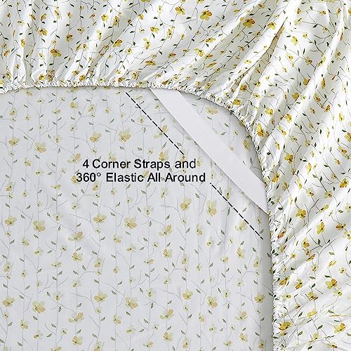 Image of Softan Yellow Floral Twin Size Sheet Set, 3-Piece Microfiber Fitted Bed Sheet with 15 inch Deep Pockets & Non-Slip Straps, Kids Girls Flower Patterned Bed Sheet & Pillowcase Set