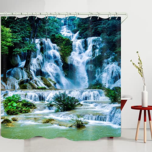 Image of LYFANS Shower Curtains Waterproof Polyester Fabric,Large Width Bright Partition Curtain with Waterfall Pool Print,Shower Curtain Liner for Bathtub Bathroom with 12 White Hooks (72 x72 inches)