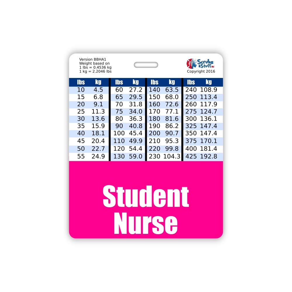Student Nurse Badge Buddy Horizontal w/Height & Weight Conversion Charts (Oversized, Pink)