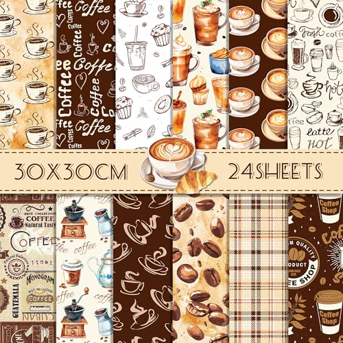 24 Sheets Coffee Pattern Pad 11.8'' x 11.8'' Vintage Coffee Scrapbook Paper Pad Beans Brown Plaids Patterned Double-Sided Decorative Craft Vintage Cardstock Paper Pack for DIY Card Making Origami