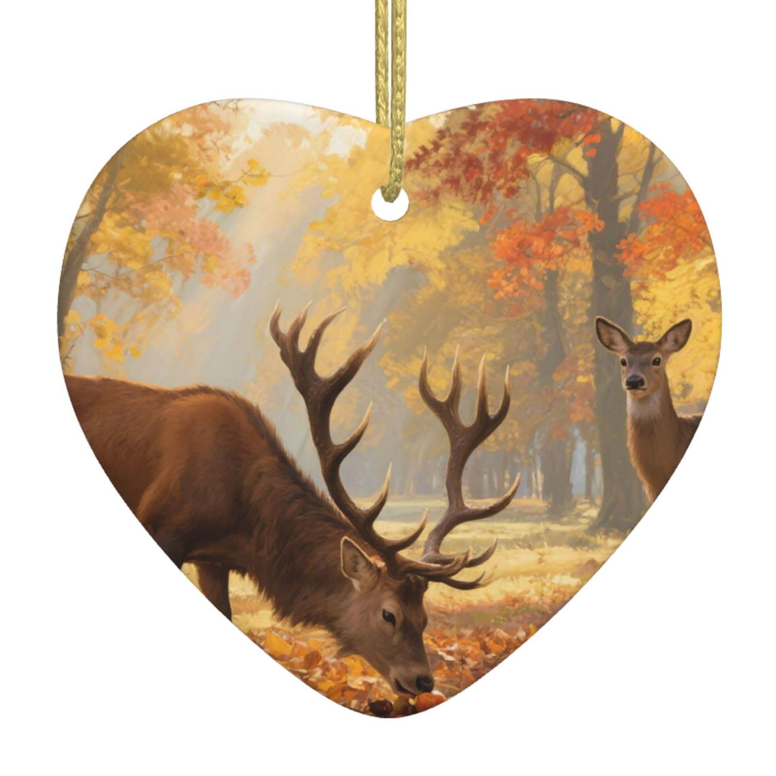 Deers Fall Trees Christmas Ornament 2025 Heart Ceramic Hanging Ornaments for Home Decor Christmas Decorations with Gold Rope Double-Sided Xmas Tree Ceramic Hanging for Holiday Party