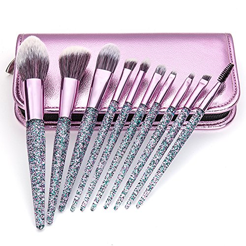 Glitter Makeup Brushes set 10 Pcs with Bag Synthetic Foundation Powder Concealers Eye Shadows