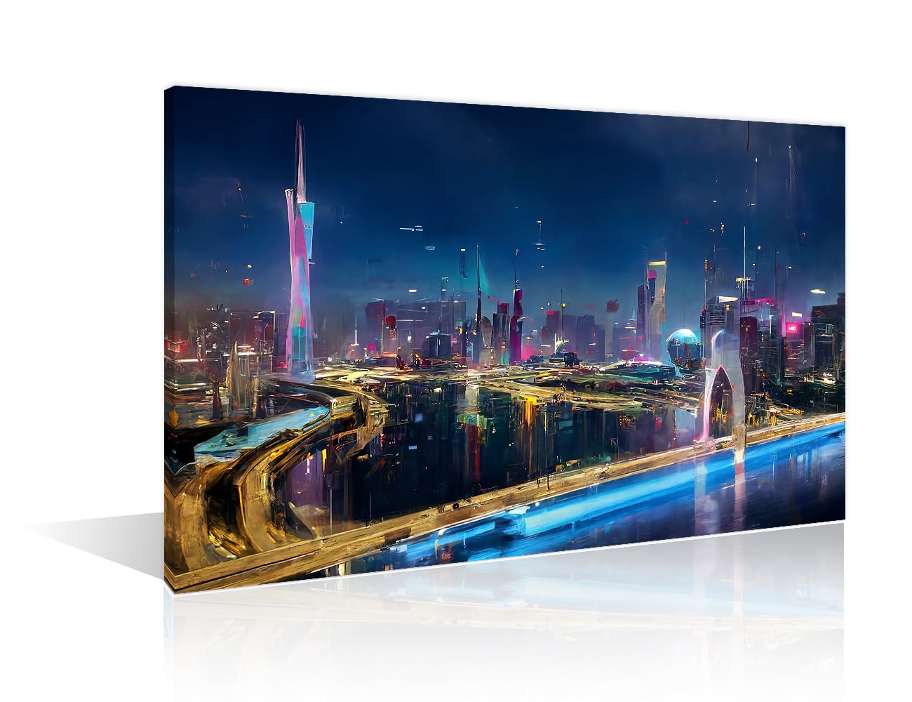 Cyberpunk Style Wall Art for Living Room 1 Piece Colorful Painting of Cityscape Picture Artwork Wall Decor Living Room Print on Canvas Framed Ready to Hang (24" Wx36 H)