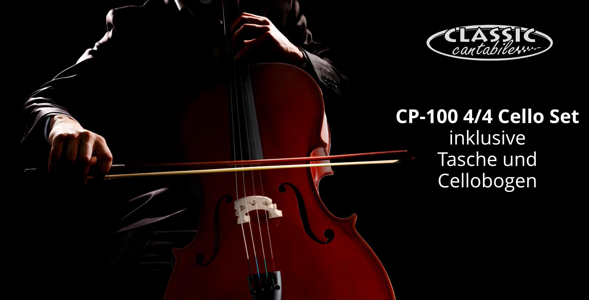 Classic Cantabile CP-100 Violoncello 4/4 Set (Tavola: Abete, Fondo: Acero, Meccaniche: Palissandro, puntale regolabile in altezza, finitura lucida, incl. Arco e Custodia)