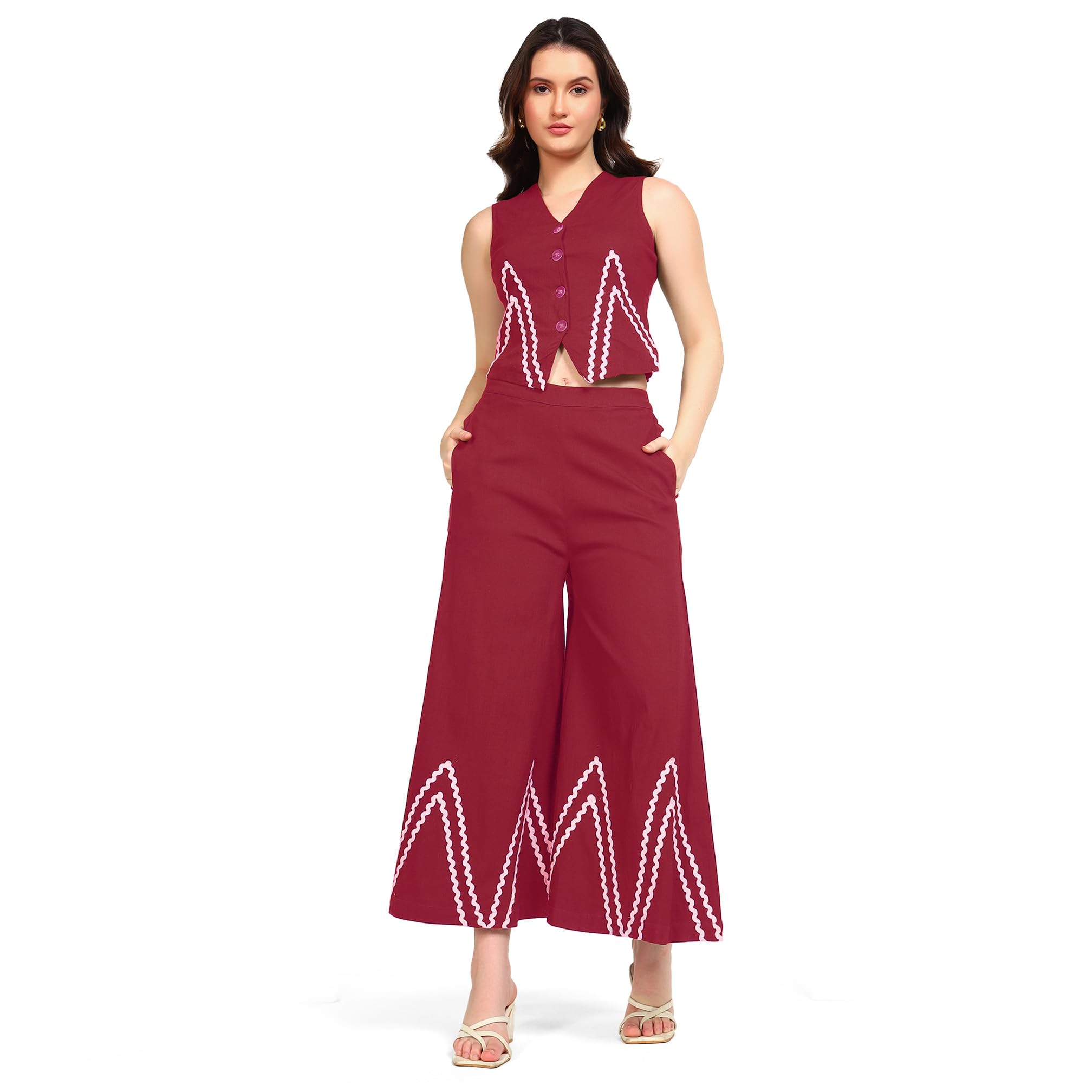 deebaco Women's Solid Lycra Ankle Length Waist Coat with Palazzo|V-Neck|Cord Set for Women Fashion|Long Jumpsuits Western Dress for Women Stylish|Two Piece Co ord Set|Casual Wear(Maroon)-picture-24