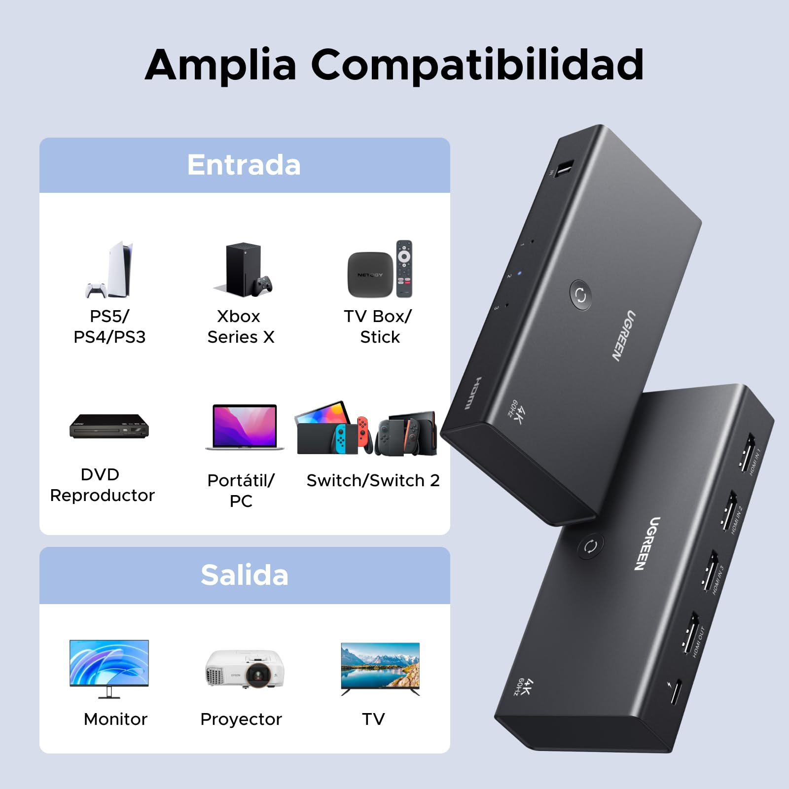 UGREEN HDMI Switch 4K 60Hz 3 Entradas a 1 Salida Conmutador 1080P 3D HDR10 Dolby Atmos con Control Remoto Compatible con Laptop PS5/4 Xbox TV Stick Box Chromecast BLU Ray DVD Proyector