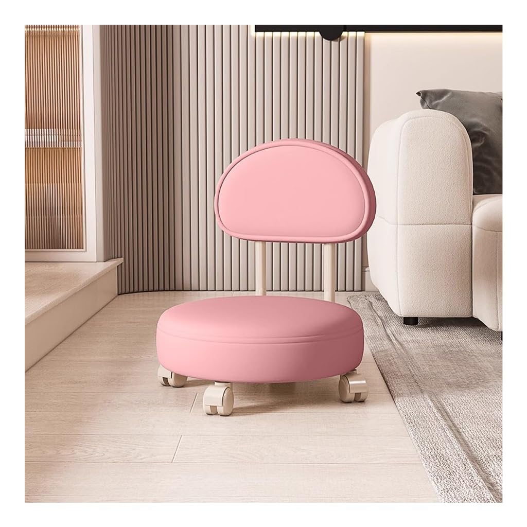 Wdsopk Pink 360° Rotating Low Stool With Backrest,Rolling Pulley Stool Low Stool With Wheels,Shoe Changing Makeup Cleaning Chair Faux Leather Ottoman Pulley Chair（Pink）